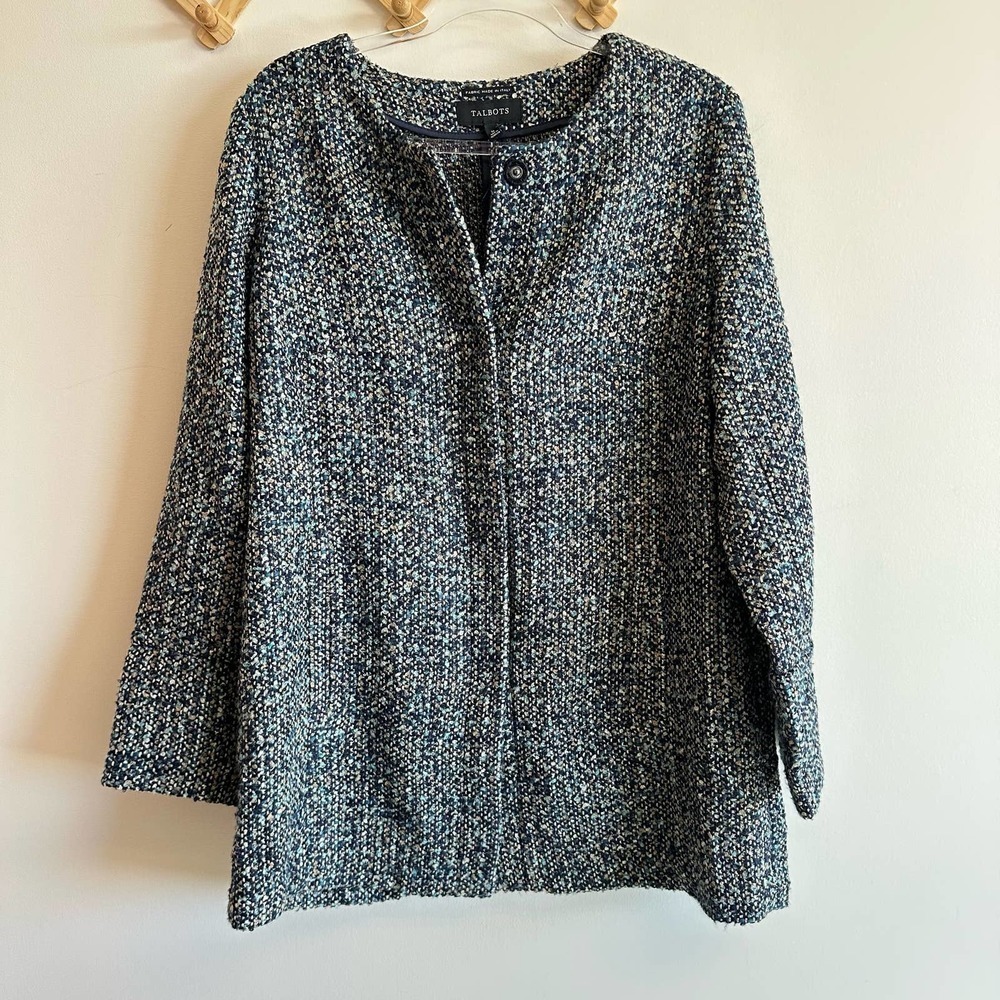 Talbots Long Woven Tweed Jacket Blazer Collarless Italian Fabric Blue Size 16